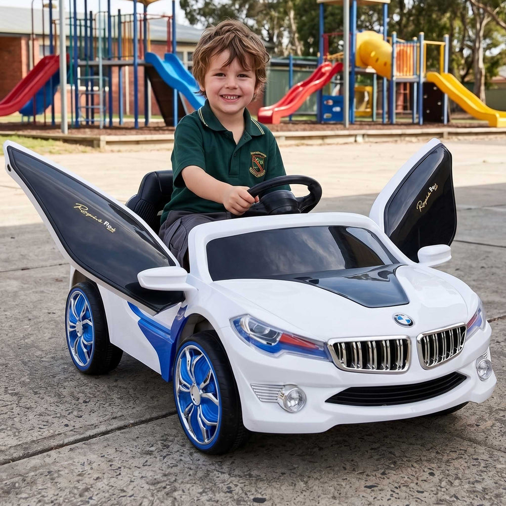 BMW Inspired Kids Ride On Car with Gullwing Doors and Remote Control | White/Blue