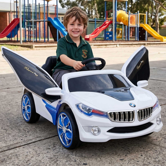 BMW Inspired Kids Ride On Car with Gullwing Doors and Remote Control | White/Blue