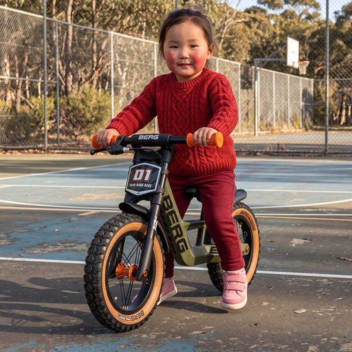 Berg Biky Trail Balance Bike with Handbrake Army Green with Orange