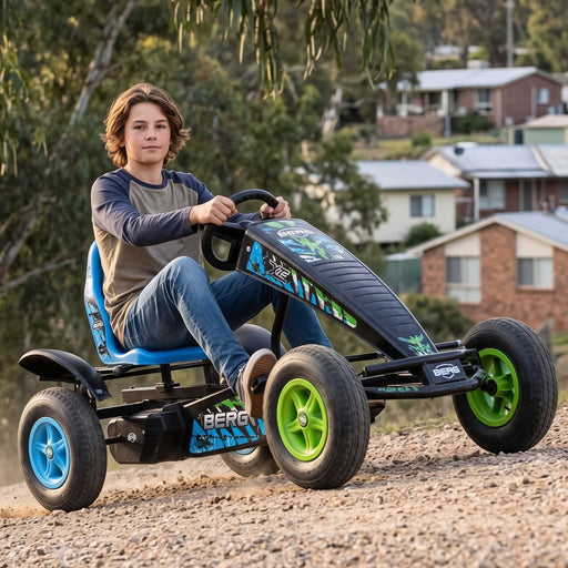 Berg Extra X-ITE Kids & Adults Pedal or 3 Gear Powered Go Kart | Sky Blue & Lime Green