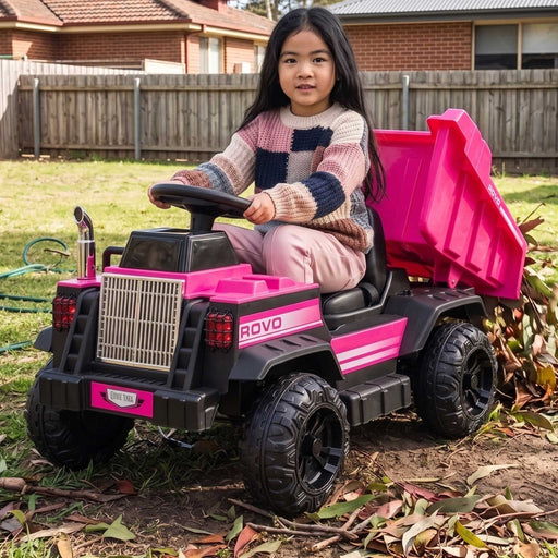 Construction Inspired Dump Truck Bulldozer Kids Ride On Electric Car | Black Pink