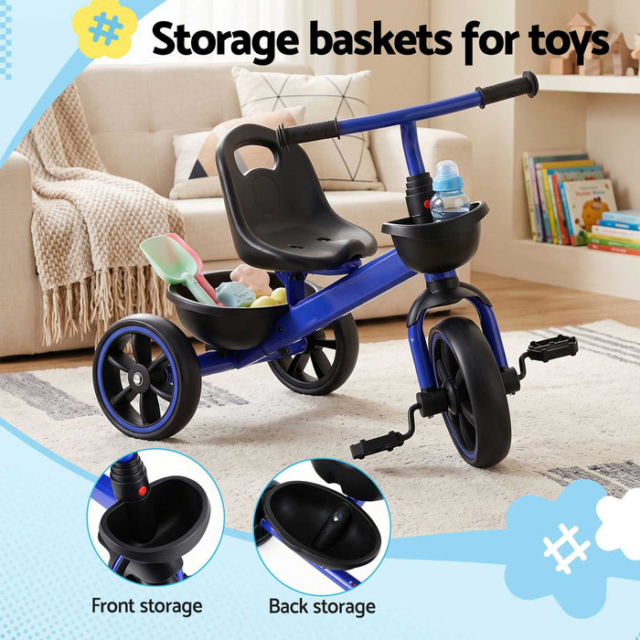 Deluxe Kids Tricycle Trike Bike Ride On with Basket & Trunk Royal Blue with Black