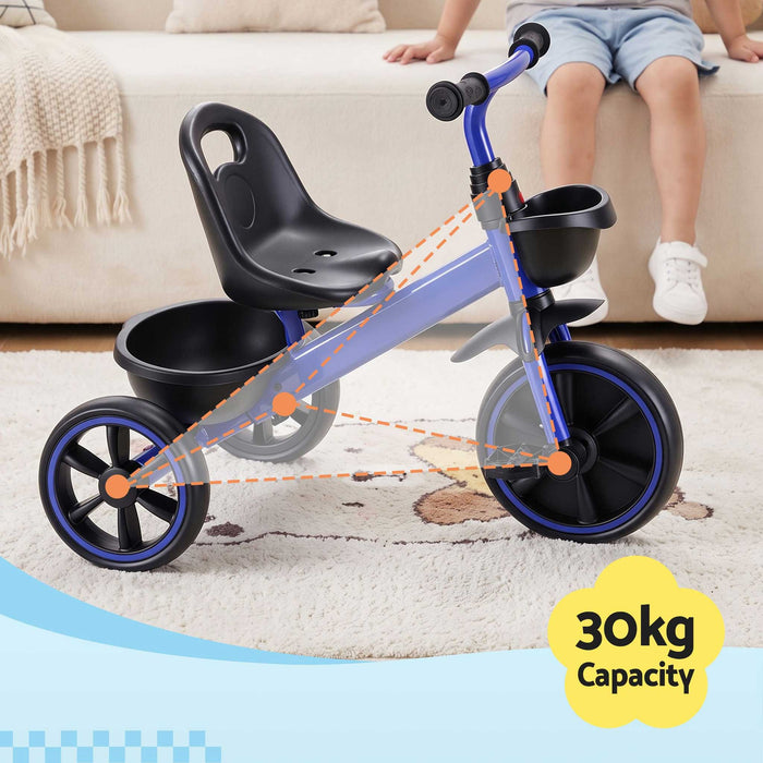 Deluxe Kids Tricycle Trike Bike Ride On with Basket & Trunk Royal Blue with Black