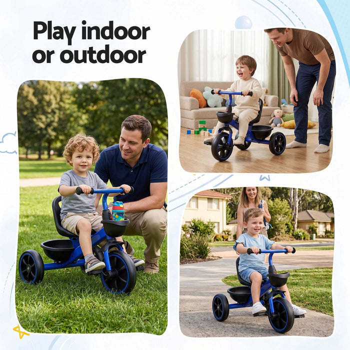 Deluxe Kids Tricycle Trike Bike Ride On with Basket & Trunk Royal Blue with Black