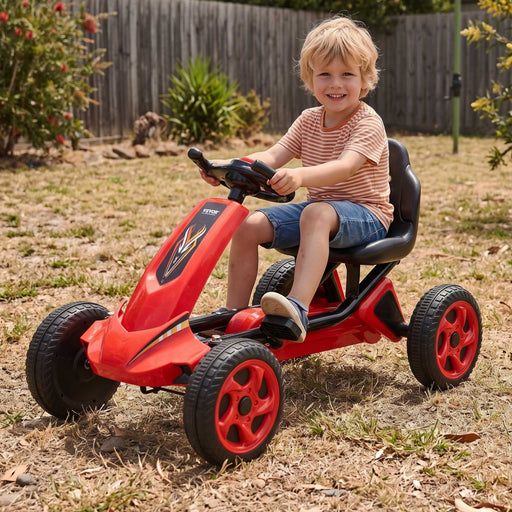 Deluxe Racer Kids Pedal Powered Go Kart-4-Wheel-Pedal-Ride-On-Toy-for-Kids-Ages-3-8-Adjustable-Seat-Red