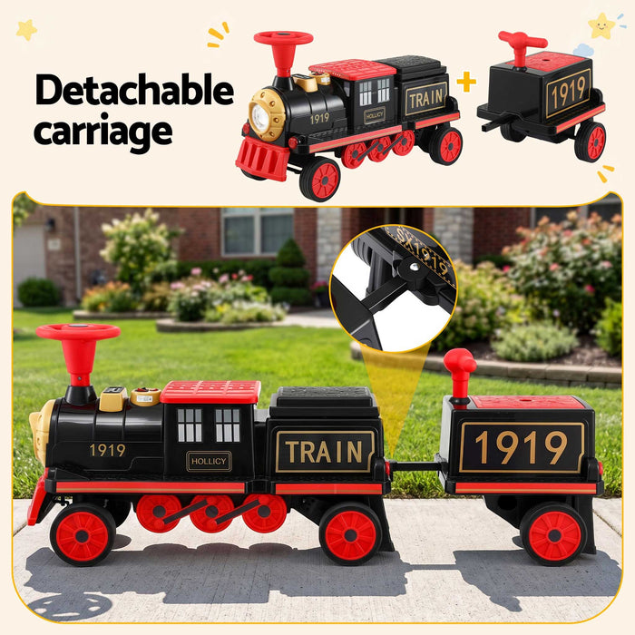 Deluxe Two Seater Kids Ride On Train with Detachable Carriage Black Red Gold