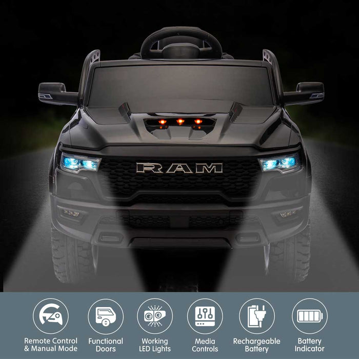 Dodge RAM 1500 RHO Officially Licensed Off Road Kids Ride On Car Truck with Remote Control Pitch Black