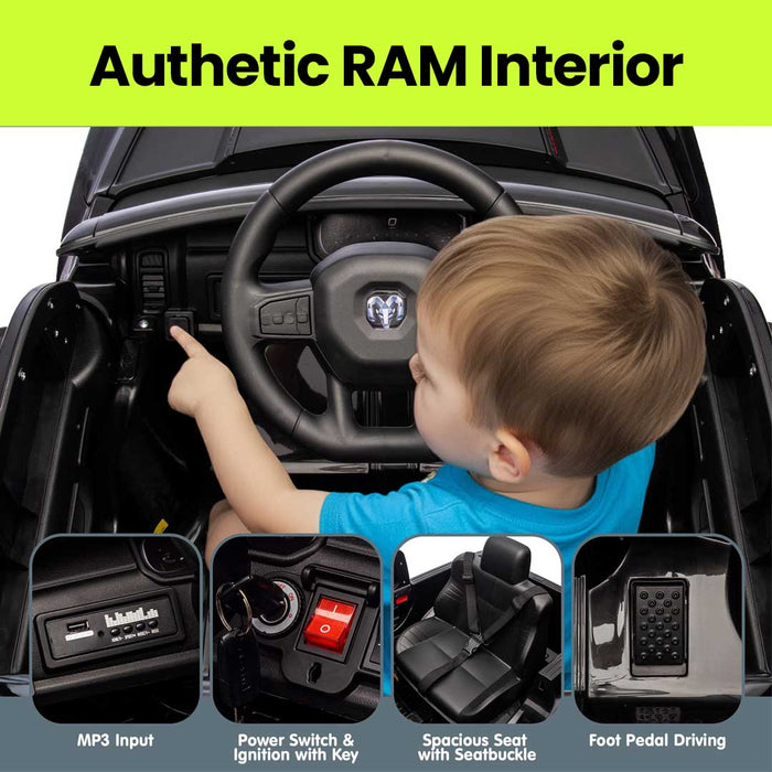 Dodge RAM 1500 RHO Officially Licensed Off Road Kids Ride On Car Truck with Remote Control Pitch Black