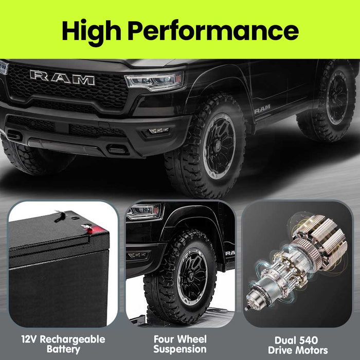 Dodge RAM 1500 RHO Officially Licensed Off Road Kids Ride On Car Truck with Remote Control Pitch Black