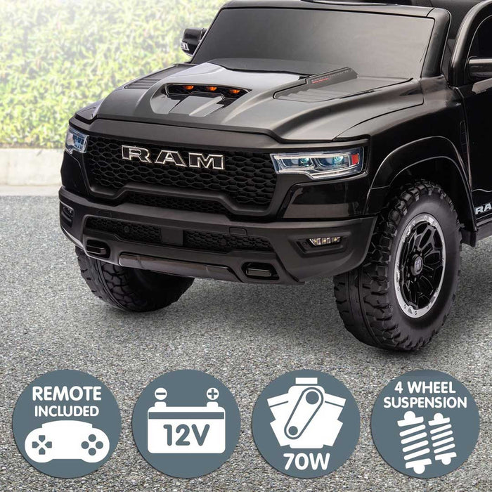 Dodge RAM 1500 RHO Officially Licensed Off Road Kids Ride On Car Truck with Remote Control Pitch Black