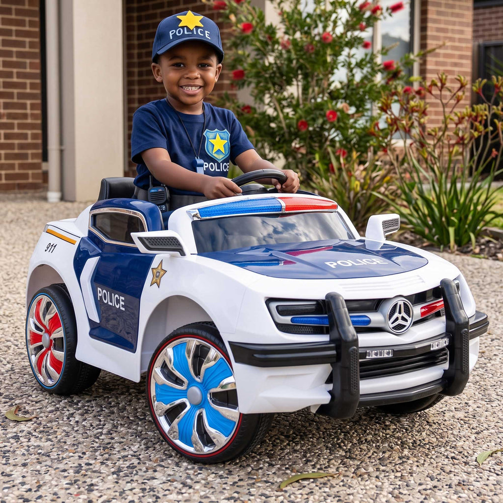 Police Inspired Kids Ride On Car with Remote Control | White/Black