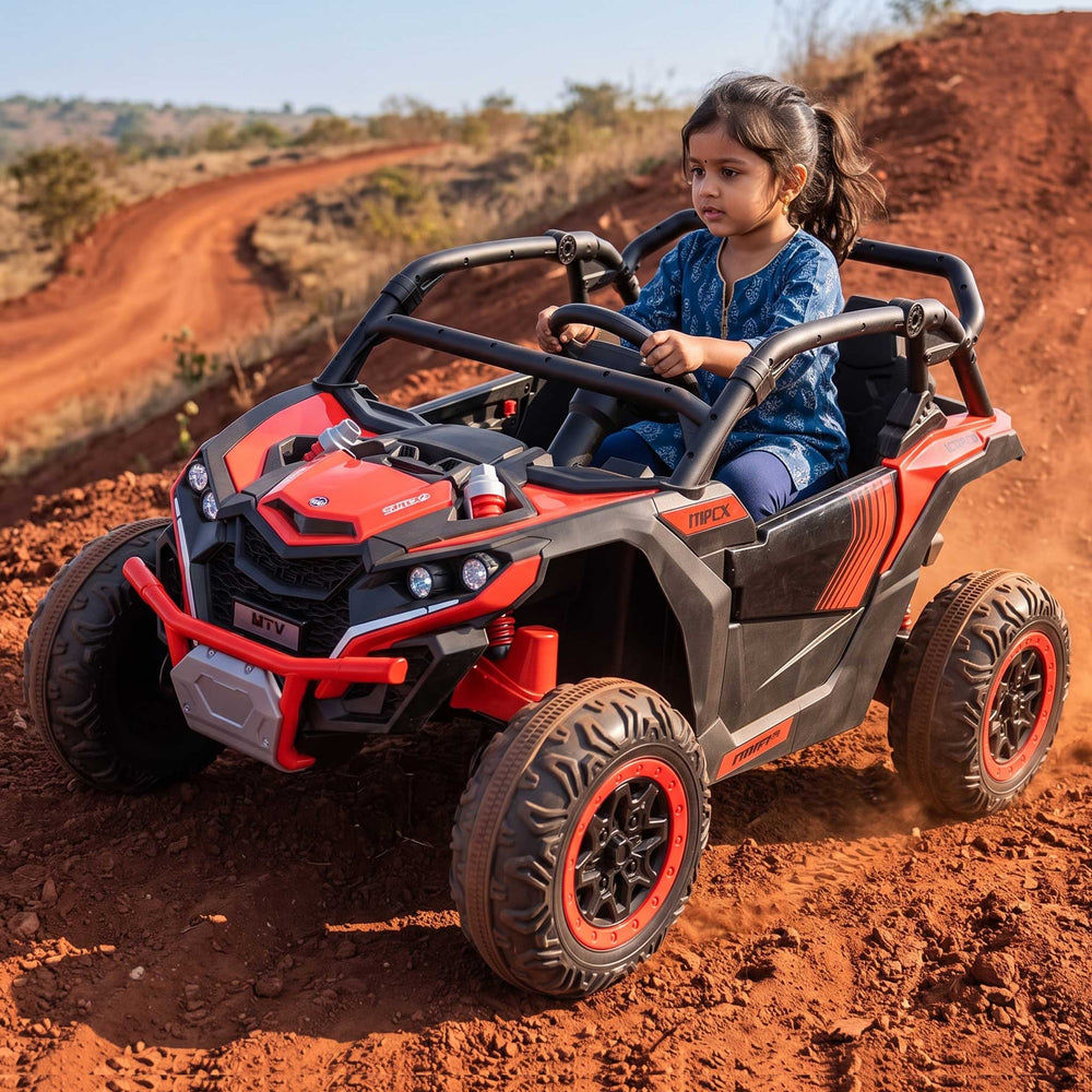 Go Skitz Premium 24V Kids Ride On Buggy with Remote Control Black with Fire Red