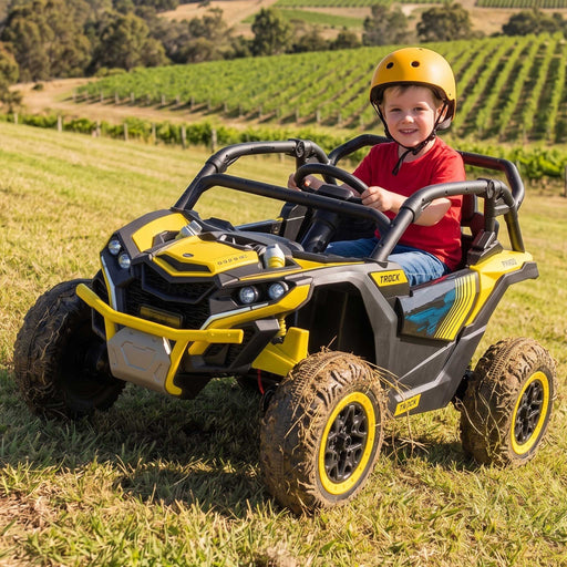 Go Skitz Premium 24V Kids Ride On Buggy with Remote Control Black with Lightning Yellow