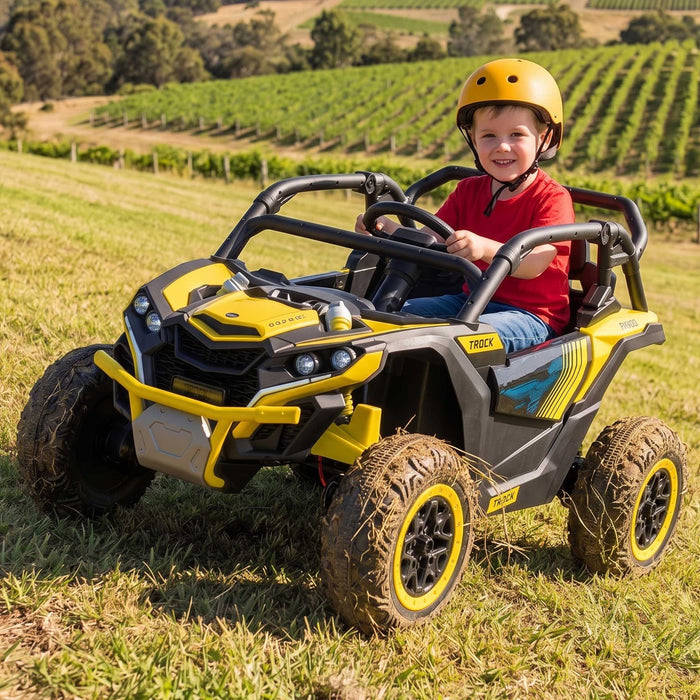 Go Skitz Premium 24V Kids Ride On Buggy with Remote Control Black with Lightning Yellow