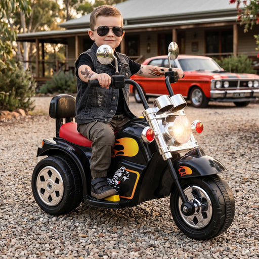 Harley Davidson Inspired Kids Ride On Motorbike Motorcycle Black with Flames