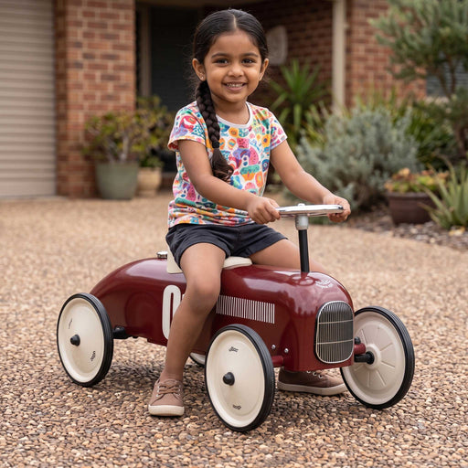 Kids Classic Vintage Racer Metal Ride On Push Car | Italian Red & Cream