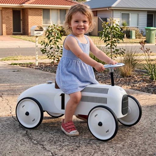 Kids Classic Vintage Racer Metal Ride On Push Car | Polar White