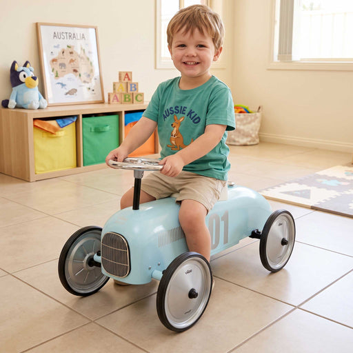 Kids Classic Vintage Racer Metal Ride On Push Car | Baby Blue