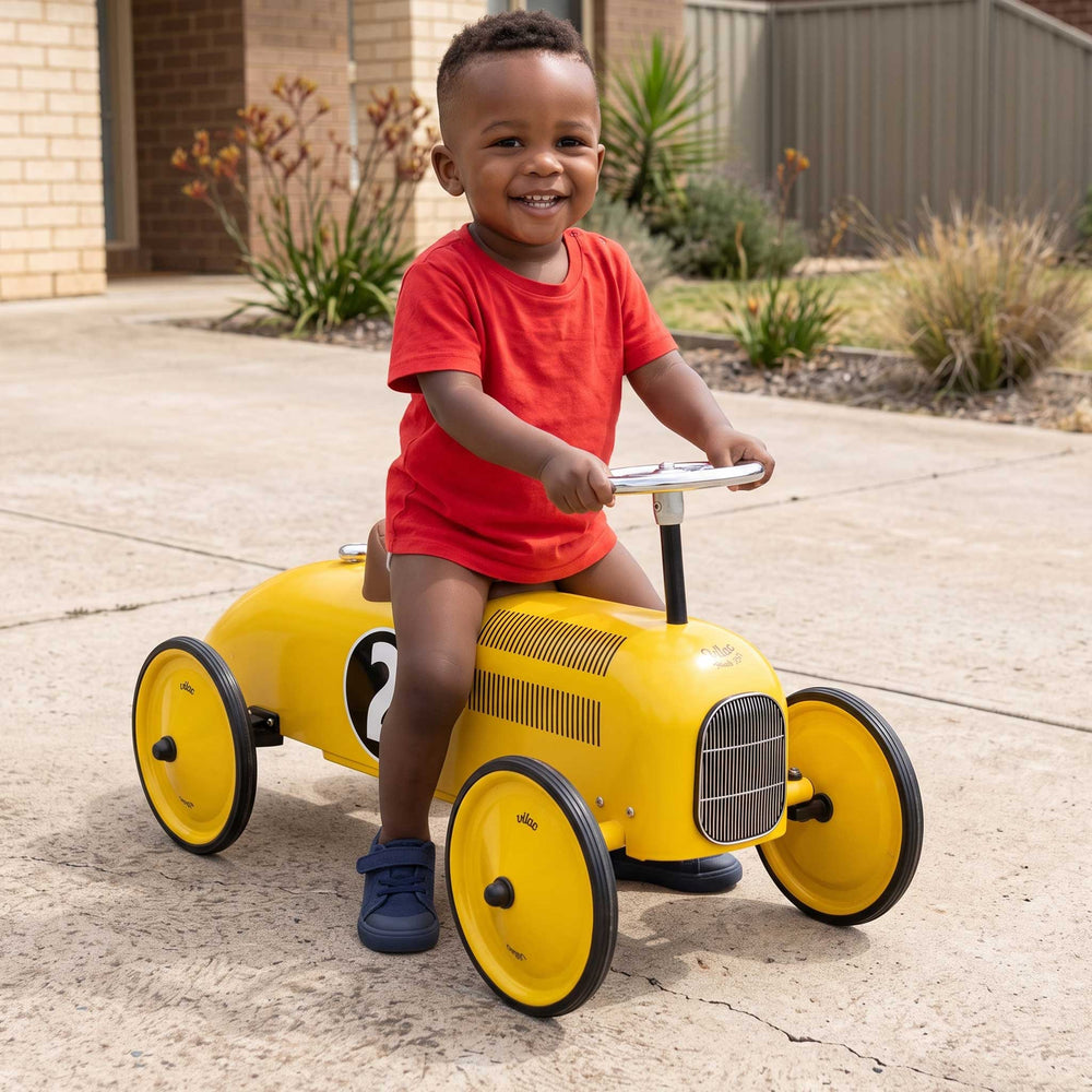 Kids Classic Vintage Racer Metal Ride On Push Car | Canary Yellow