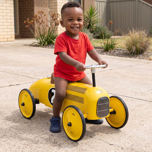 Kids Classic Vintage Racer Metal Ride On Push Car | Canary Yellow