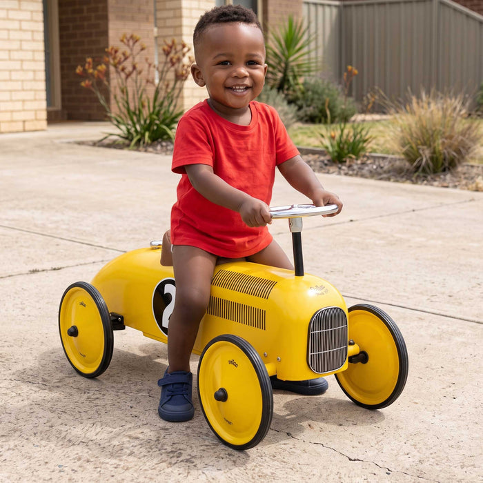 Kids Classic Vintage Racer Metal Ride On Push Car | Canary Yellow