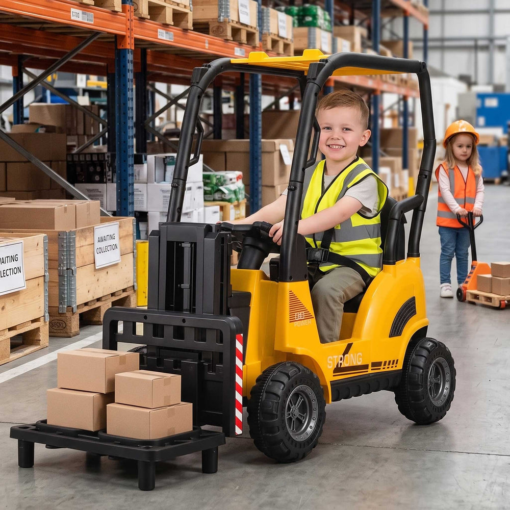Kids Forklift Ride On Car with Working Mast Lift & Remote Control | Safety Yellow