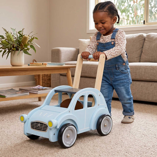 Kids Retro Citreon Wooden Toy Car Pusher & Walker Baby Blue