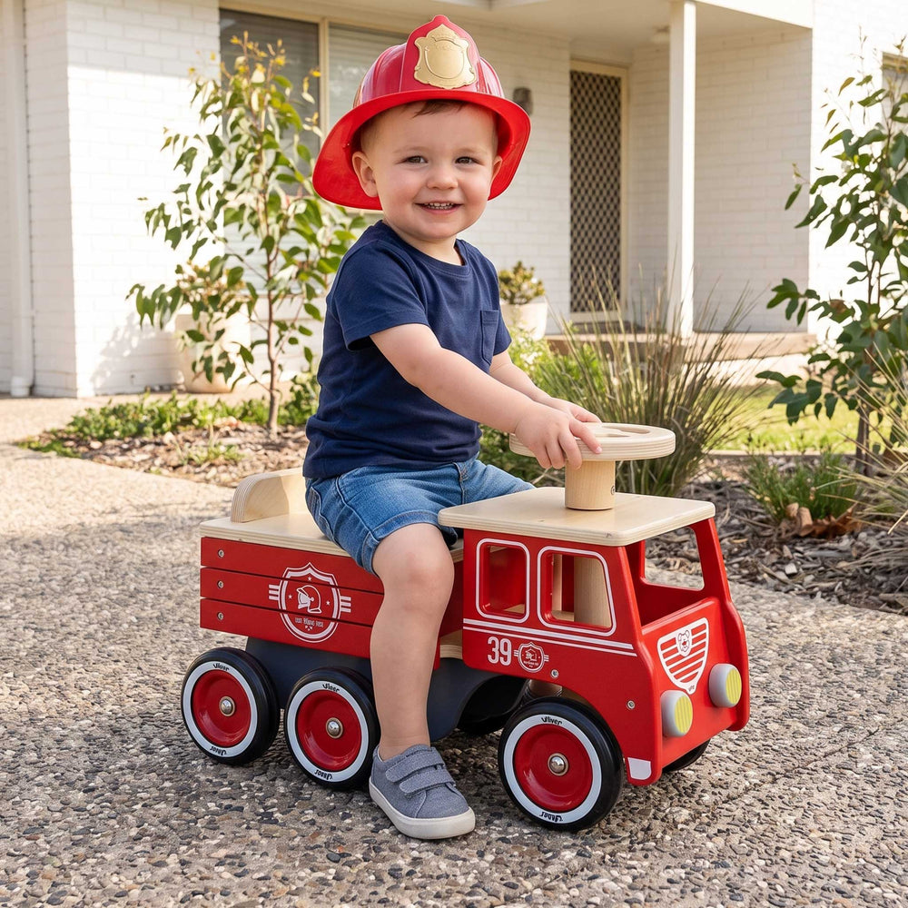 Kids Retro Wooden Toy Fire Truck Ride On Push Car | Fire Engine Red