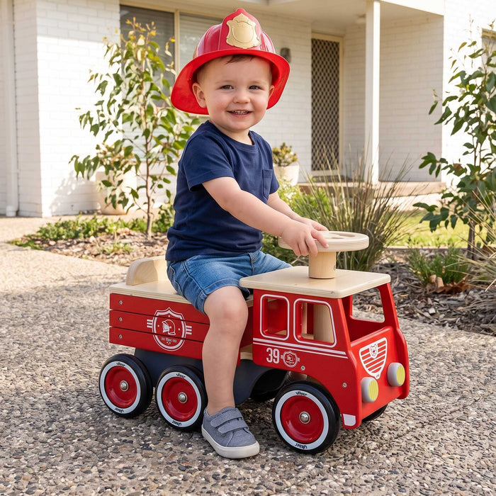 Kids Retro Wooden Toy Fire Truck Ride On Push Car | Fire Engine Red