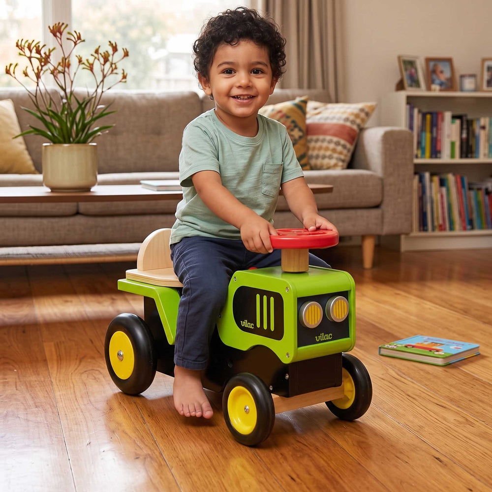 Kids Retro Wooden Toy Tractor Ride On Push Car | Green/Black