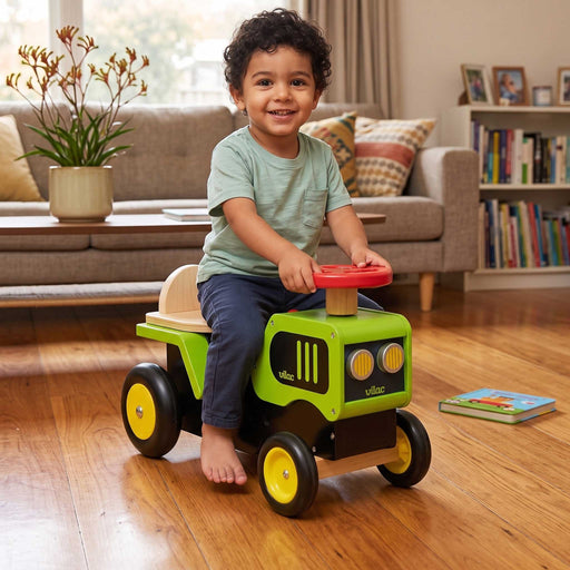 Kids Retro Wooden Toy Tractor Ride On Push Car | Green/Black