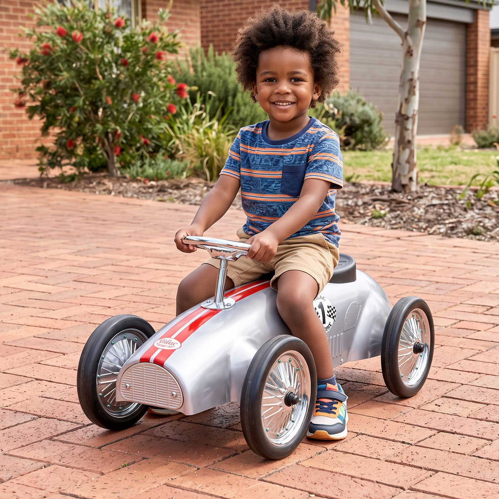 Kids Speedster Vintage Racer Metal Ride On Push Car | Silver Bullet