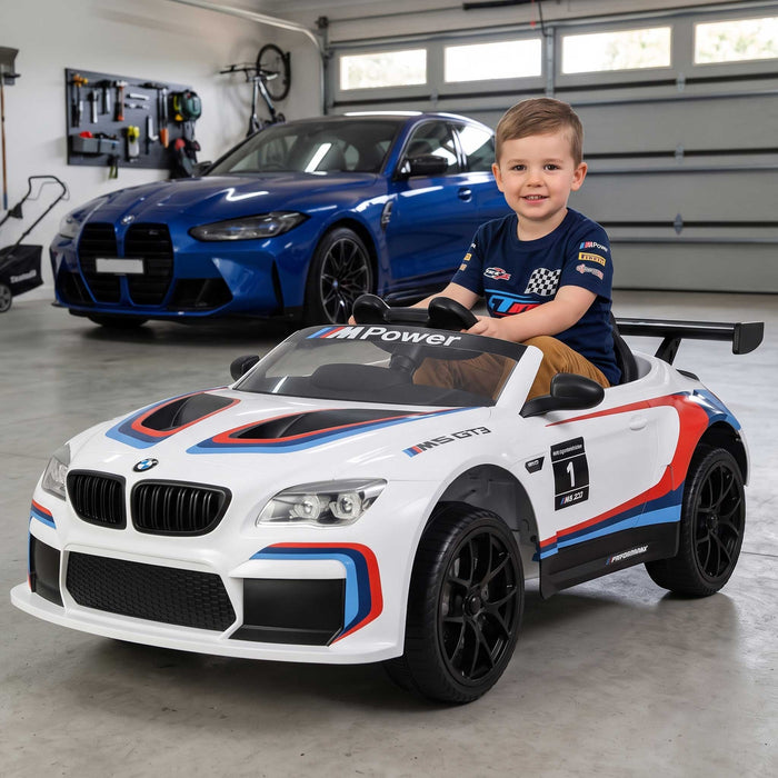 BMW Officially Licensed M6 GT3 Kids Ride On Car | White/M6 Stripes