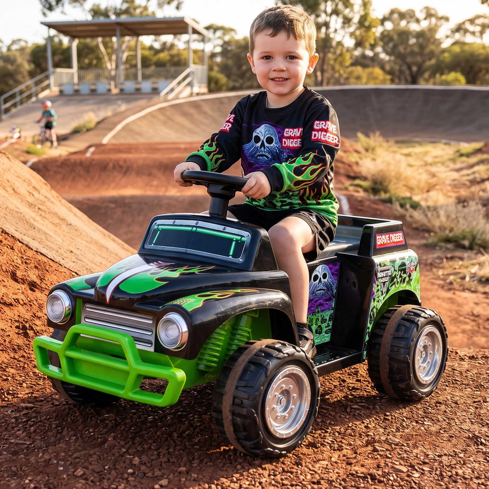 Monster Jam Licensed Grave Digger Monster Truck Kids Ride On | Black/Skulls