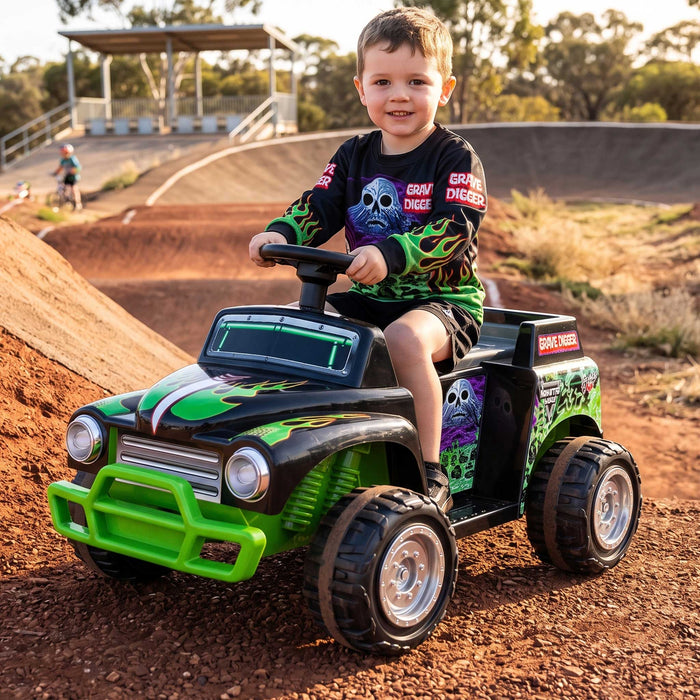 Monster Jam Licensed Grave Digger Monster Truck Kids Ride On | Black/Skulls