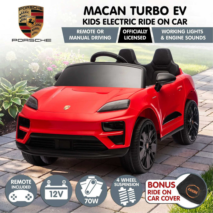 Officially Licensed Porsche Macan Turbo EV Kids Ride On SUV with Remote Control Guards Red