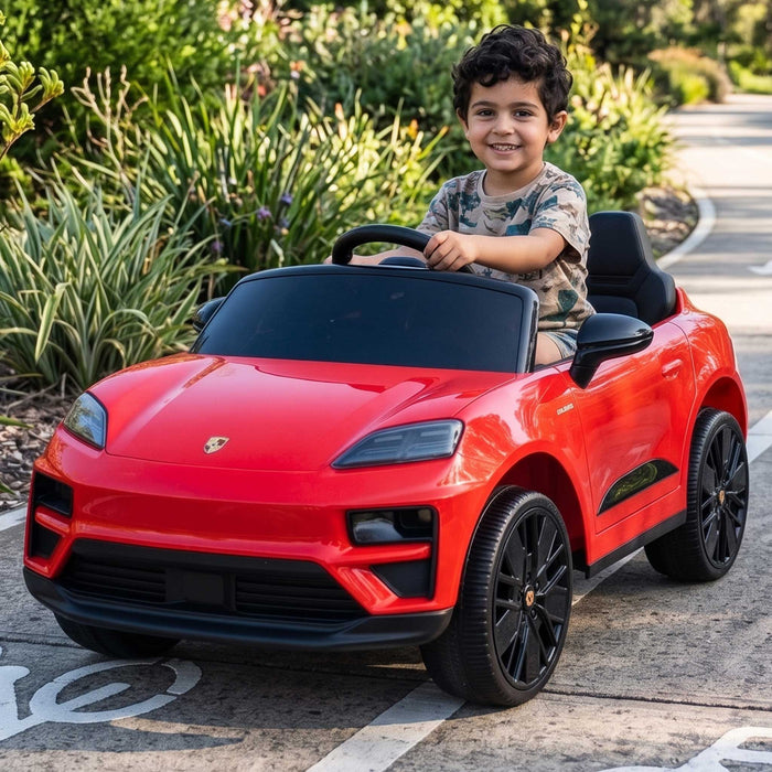Officially Licensed Porsche Macan Turbo EV Kids Ride On SUV with Remote Control Guards Red