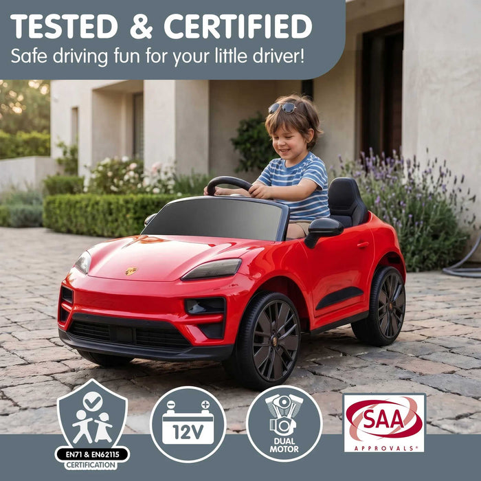Officially Licensed Porsche Macan Turbo EV Kids Ride On SUV with Remote Control Guards Red