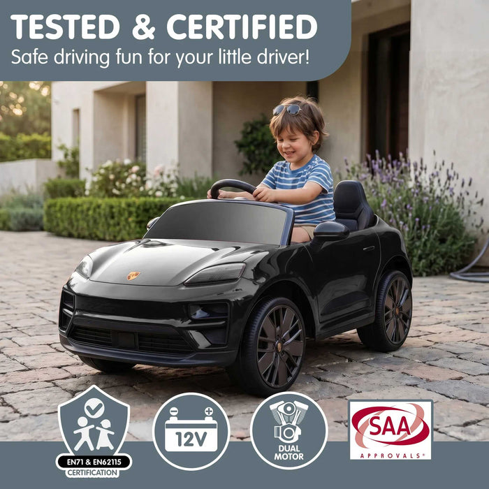 Officially Licensed Porsche Macan Turbo EV Kids Ride On SUV with Remote Control Jet Black