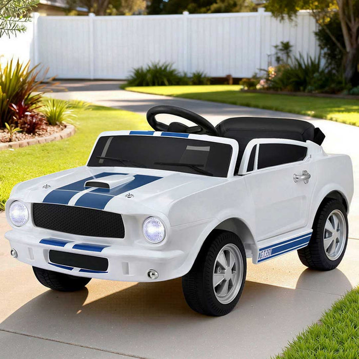 Officially Licensed Shelby Ford GT350 Kids Ride On Car with Remote Control White with Blue Cobra Stripes