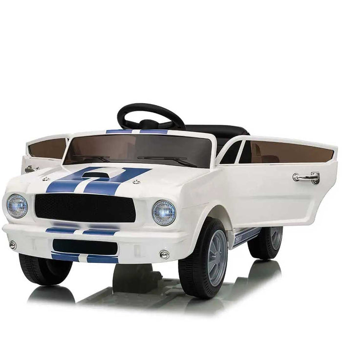 Officially Licensed Shelby Ford GT350 Kids Ride On Car with Remote Control White with Blue Cobra Stripes