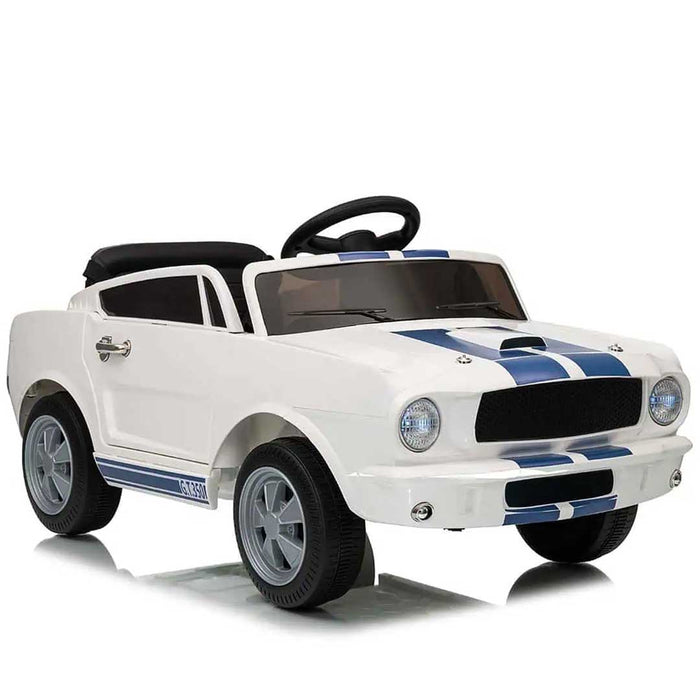 Officially Licensed Shelby Ford GT350 Kids Ride On Car with Remote Control White with Blue Cobra Stripes