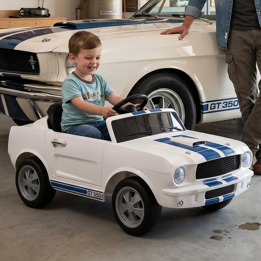 Officially Licensed Shelby Ford GT350 Kids Ride On Car with Remote Control White with Blue Cobra Stripes