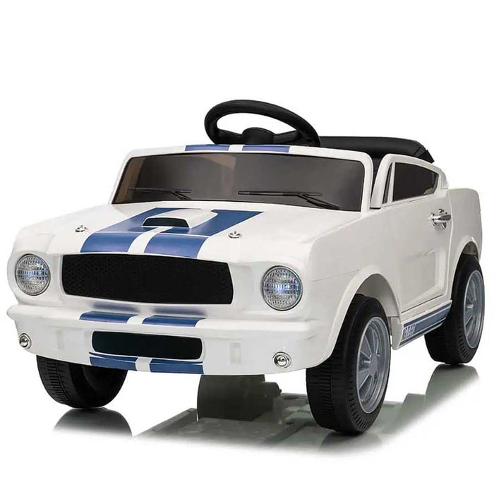 Officially Licensed Shelby Ford GT350 Kids Ride On Car with Remote Control White with Blue Cobra Stripes