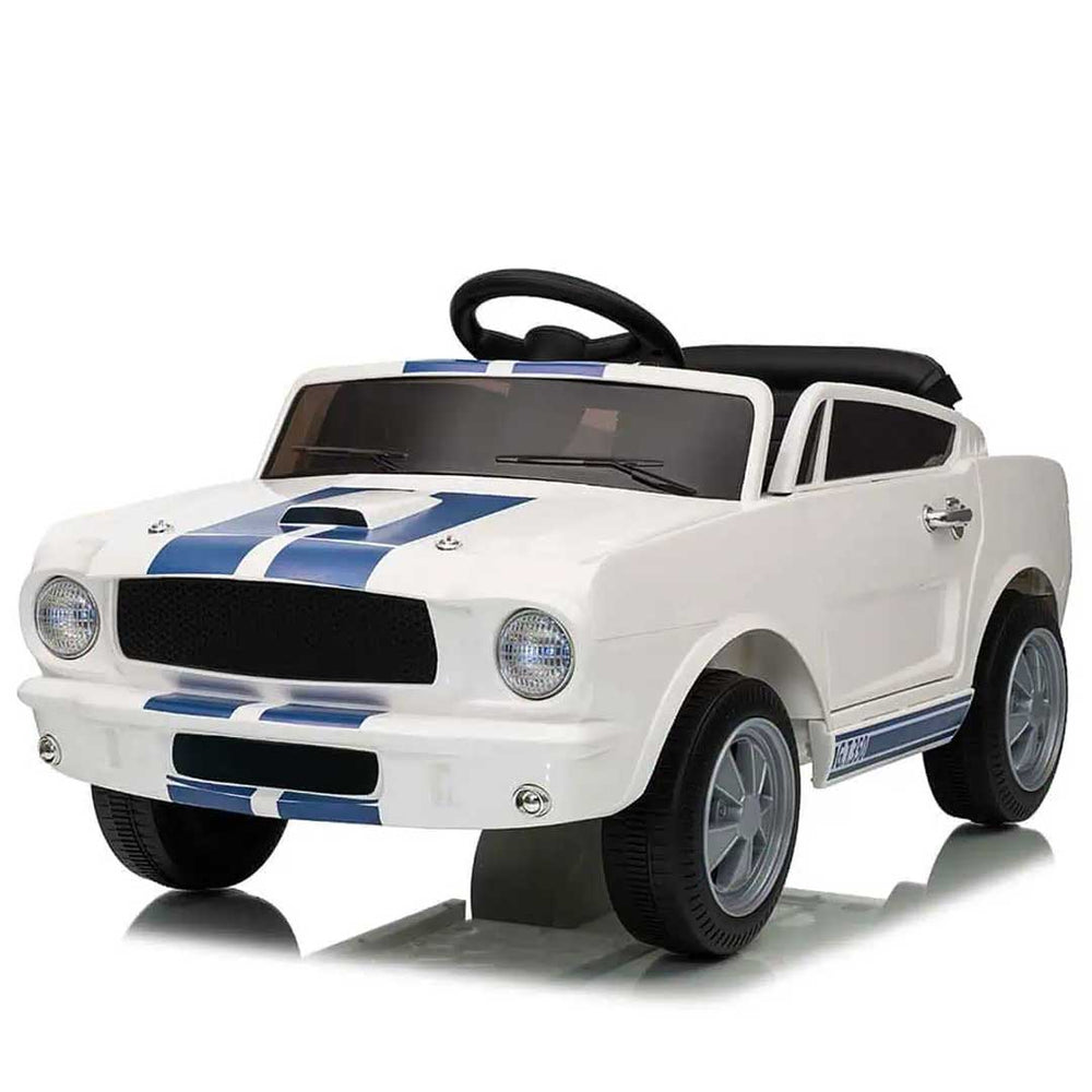 Officially Licensed Shelby Ford GT350 Kids Ride On Car with Remote Control White with Blue Cobra Stripes