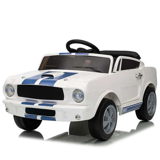 Officially Licensed Shelby Ford GT350 Kids Ride On Car with Remote Control White with Blue Cobra Stripes