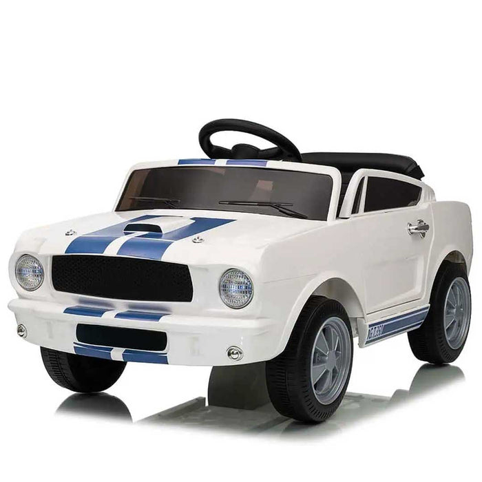 Officially Licensed Shelby Ford GT350 Kids Ride On Car with Remote Control White with Blue Cobra Stripes