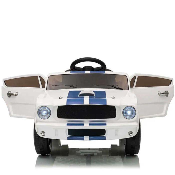 Officially Licensed Shelby Ford GT350 Kids Ride On Car with Remote Control White with Blue Cobra Stripes