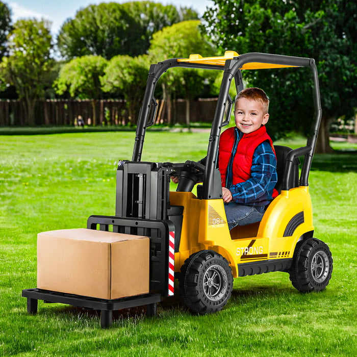 Kids Forklift Ride On Car with Working Mast Lift & Remote Control | Safety Yellow