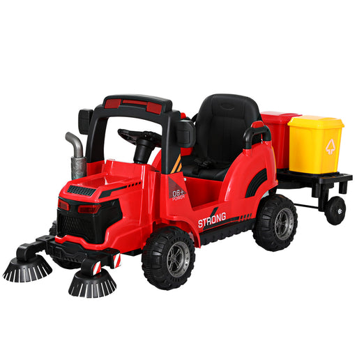 Street Cleaning Inspired Kids Ride On Car Truck with Rotating Brushes & Remote Control | Rubbish Collection Red